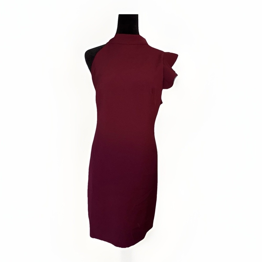 C. Luce Cocktail Dress One Sleeve Ruffle Shoulder Women's Size L‎ Burgundy NWT